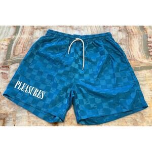 Pleasures Mens BPM 6" Shorts Club Flow Checkered Blue Elastic Waist Size L
